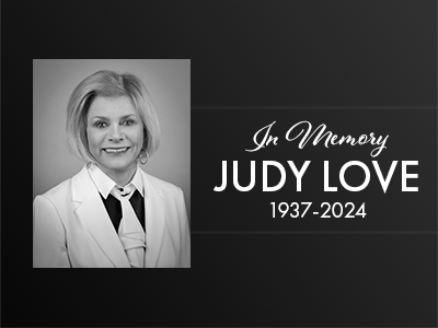 A graphic with a photo of Judy Love and "In Memory, Judy Love 1937-2024" on it